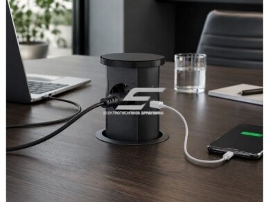 Kištukinių lizdų blokas | montuojamas į baldus | apvalus | 2xSchuko | 2xUSB-A | 2xUSB-C | 1xBelaidė įkrovimo stotelė | Ø85mm | baltas 5 Kištukinių lizdų blokas | montuojamas į baldus | apvalus | 2xSchuko | 2xUSB-A | 2xUSB-C | 1xBelaidė įkrovimo stotelė | Ø85mm | baltas 5