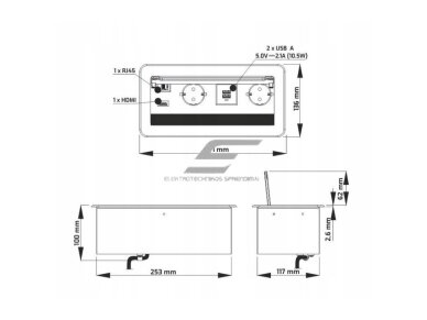 Kištukinių lizdų blokas | montuojamas į baldus | užsidarantis | 2xSchuko | 2xUSB-A+C | 1xHDMI | 1xRJ45 | 253x117x100mm | 1,5m kabelis | INBOX-CZ-FR-1,5-02 | 5908293401526 3