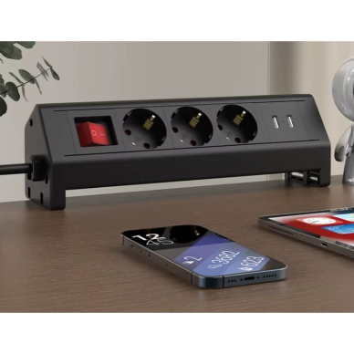 Блок розеток | крепление к столу | с зажимом | 3 розетки + 2x USB | 230В | 13A | IP44 | 1.8 м | черный 2 Блок розеток | крепление к столу | с зажимом | 3 розетки + 2x USB | 230В | 13A | IP44 | 1.8 м | черный 2