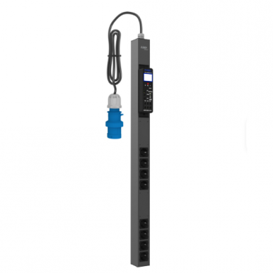 IP vadāms industriāls kontaktligzdu bloks | 8× Schuko kontaktligzdas | 1 fāze | 16A | 240V | vertikāls 19" rack montāžai | 65×65×1244,6 mm | 2 m kabelis | melns | alumīnija korpuss