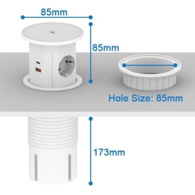 Pop-up Furniture Power Socket | Round | 2xSchuko | 2xUSB-A | 2xUSB-C | 1xWireless Charging Pad | Ø85mm | White 3 Pop-up Furniture Power Socket | Round | 2xSchuko | 2xUSB-A | 2xUSB-C | 1xWireless Charging Pad | Ø85mm | White 3