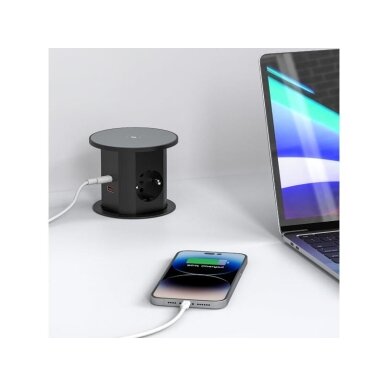 Pop-up Furniture Power Socket | Round | 2xSchuko | 2xUSB-A | 2xUSB-C | 1xWireless Charging Pad | Ø85mm | Black 4