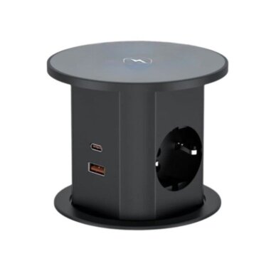 Pop-up Furniture Power Socket | Round | 2xSchuko | 2xUSB-A | 2xUSB-C | 1xWireless Charging Pad | Ø85mm | Black