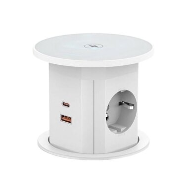 Pop-up Furniture Power Socket | Round | 2xSchuko | 2xUSB-A | 2xUSB-C | 1xWireless Charging Pad | Ø85mm | White