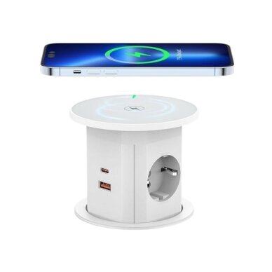 Pop-up Furniture Power Socket | Round | 2xSchuko | 2xUSB-A | 2xUSB-C | 1xWireless Charging Pad | Ø85mm | White 1