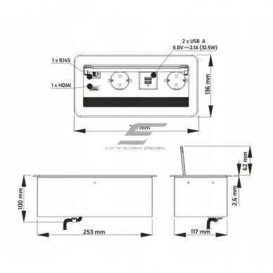 Pistikupesade plokk | mööblisse paigaldatav | suletav | 2xSchuko | 2xUSB-A+C | 1xHDMI | 1xRJ45 | 253x117x100mm | 1,5m kaabel | INBOX-CZ-FR-1,5-02 | 5908293401526 3 Pistikupesade plokk | mööblisse paigaldatav | suletav | 2xSchuko | 2xUSB-A+C | 1xHDMI | 1xRJ45 | 253x117x100mm | 1,5m kaabel | INBOX-CZ-FR-1,5-02 | 5908293401526 3