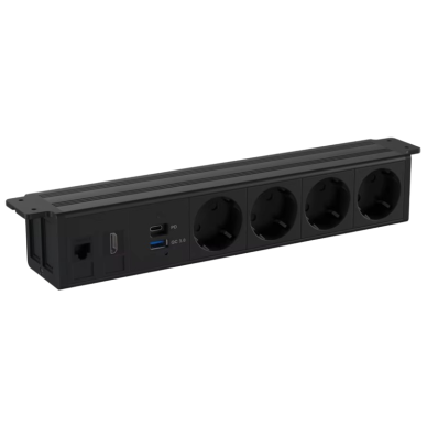 Socket outlet block | under-desk mounting | 4xSchuko | 1xUSB-C | 1xUSB-A | 1xHDMI | 1xRJ45 | 317x53mm | black