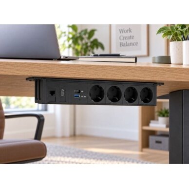 Socket outlet block | under-desk mounting | 4xSchuko | 1xUSB-C | 1xUSB-A | 1xHDMI | 1xRJ45 | 317x53mm | black 3