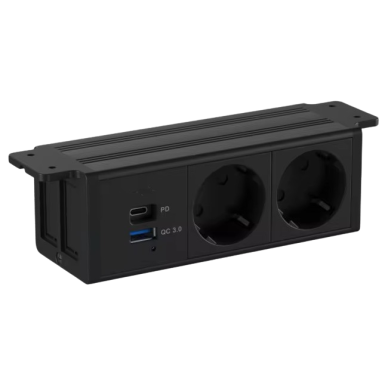 Socket outlet block | under-desk mounting | 2x Schuko | 1x USB-C | 1x USB-A | 182x53mm | black Socket outlet block | under-desk mounting | 2x Schuko | 1x USB-C | 1x USB-A | 182x53mm | black