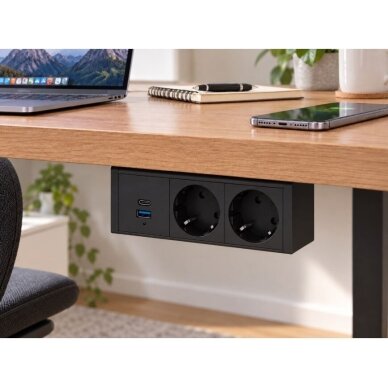 Socket outlet block | under-desk mounting | 2x Schuko | 1x USB-C | 1x USB-A | 182x53mm | black 3 Socket outlet block | under-desk mounting | 2x Schuko | 1x USB-C | 1x USB-A | 182x53mm | black 3