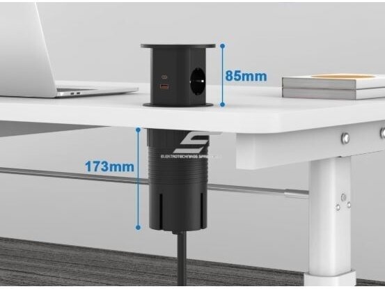 Kištukinių lizdų blokas | montuojamas į baldus | apvalus | 2xSchuko | 2xUSB-A | 2xUSB-C | 1xBelaidė įkrovimo stotelė | Ø85mm | juodas 2