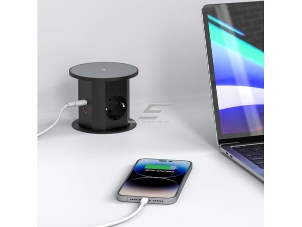Kištukinių lizdų blokas | montuojamas į baldus | apvalus | 2xSchuko | 2xUSB-A | 2xUSB-C | 1xBelaidė įkrovimo stotelė | Ø85mm | baltas 4 Kištukinių lizdų blokas | montuojamas į baldus | apvalus | 2xSchuko | 2xUSB-A | 2xUSB-C | 1xBelaidė įkrovimo stotelė | Ø85mm | baltas 4