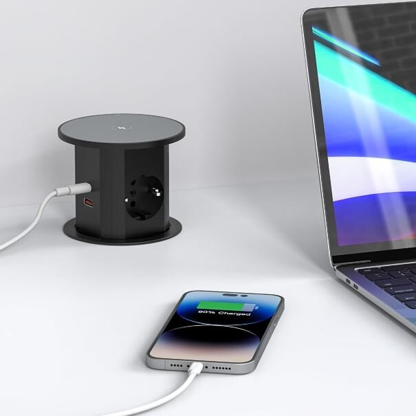 Pop-up Furniture Power Socket | Round | 2xSchuko | 2xUSB-A | 2xUSB-C | 1xWireless Charging Pad | Ø85mm | White 4 Pop-up Furniture Power Socket | Round | 2xSchuko | 2xUSB-A | 2xUSB-C | 1xWireless Charging Pad | Ø85mm | White 4