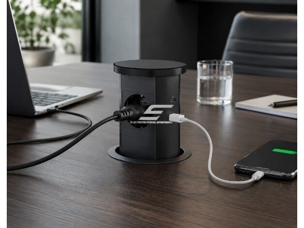 Kištukinių lizdų blokas | montuojamas į baldus | apvalus | 2xSchuko | 2xUSB-A | 2xUSB-C | 1xBelaidė įkrovimo stotelė | Ø85mm | baltas 5 Kištukinių lizdų blokas | montuojamas į baldus | apvalus | 2xSchuko | 2xUSB-A | 2xUSB-C | 1xBelaidė įkrovimo stotelė | Ø85mm | baltas 5