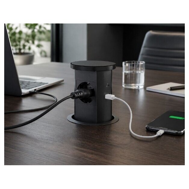 Pop-up Furniture Power Socket | Round | 2xSchuko | 2xUSB-A | 2xUSB-C | 1xWireless Charging Pad | Ø85mm | Black 5 Pop-up Furniture Power Socket | Round | 2xSchuko | 2xUSB-A | 2xUSB-C | 1xWireless Charging Pad | Ø85mm | Black 5