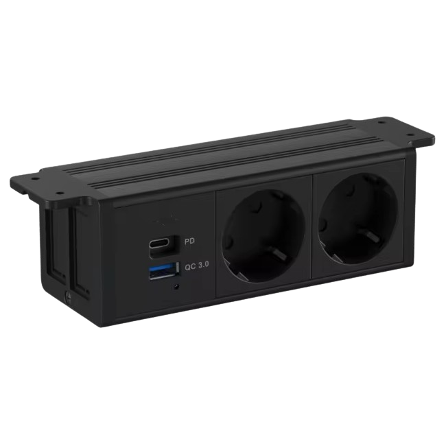 Socket outlet block | under-desk mounting | 2x Schuko | 1x USB-C | 1x USB-A | 182x53mm | black Socket outlet block | under-desk mounting | 2x Schuko | 1x USB-C | 1x USB-A | 182x53mm | black