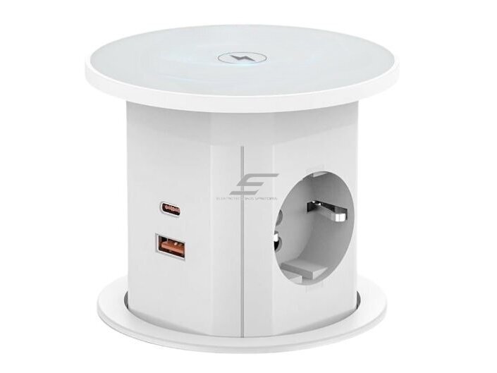 Kištukinių lizdų blokas | montuojamas į baldus | apvalus | 2xSchuko | 2xUSB-A | 2xUSB-C | 1xBelaidė įkrovimo stotelė | Ø85mm | baltas Kištukinių lizdų blokas | montuojamas į baldus | apvalus | 2xSchuko | 2xUSB-A | 2xUSB-C | 1xBelaidė įkrovimo stotelė | Ø85mm | baltas