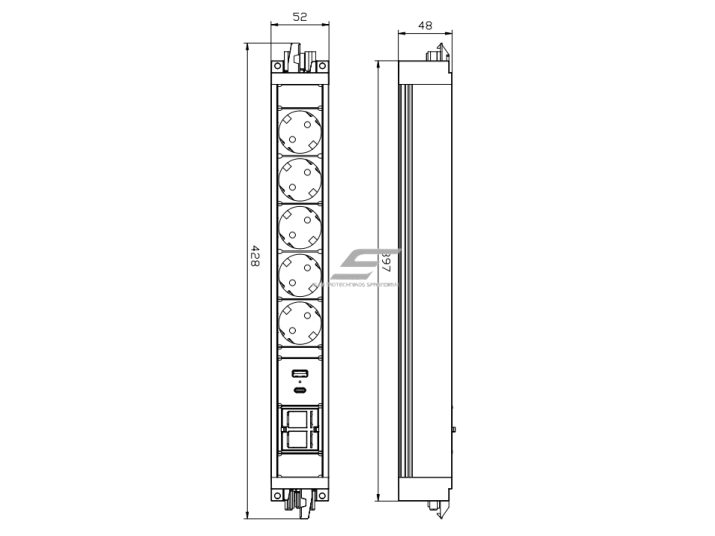 Kištukinių lizdų blokas | montuojamas į baldus | 5xSchuko | 2xUSB-A+C | 2xKeystone (90° LAN/HDMI) | 397x52x48mm | GST | juodas | Bachmann SA.PO.5.1.USB 1