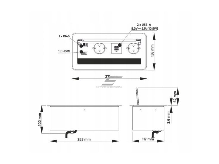 Kištukinių lizdų blokas | montuojamas į baldus | užsidarantis | 2xSchuko | 2xUSB-A+C | 1xHDMI | 1xRJ45 | 253x117x100mm | 1,5m kabelis | INBOX-CZ-FR-1,5-02 | 5908293401526 3 Kištukinių lizdų blokas | montuojamas į baldus | užsidarantis | 2xSchuko | 2xUSB-A+C | 1xHDMI | 1xRJ45 | 253x117x100mm | 1,5m kabelis | INBOX-CZ-FR-1,5-02 | 5908293401526 3
