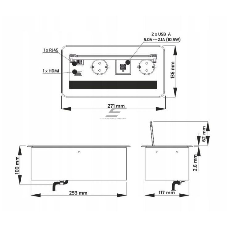 Pistikupesade plokk | mööblisse paigaldatav | suletav | 2xSchuko | 2xUSB-A+C | 1xHDMI | 1xRJ45 | 253x117x100mm | 1,5m kaabel | INBOX-CZ-FR-1,5-02 | 5908293401526 3 Pistikupesade plokk | mööblisse paigaldatav | suletav | 2xSchuko | 2xUSB-A+C | 1xHDMI | 1xRJ45 | 253x117x100mm | 1,5m kaabel | INBOX-CZ-FR-1,5-02 | 5908293401526 3