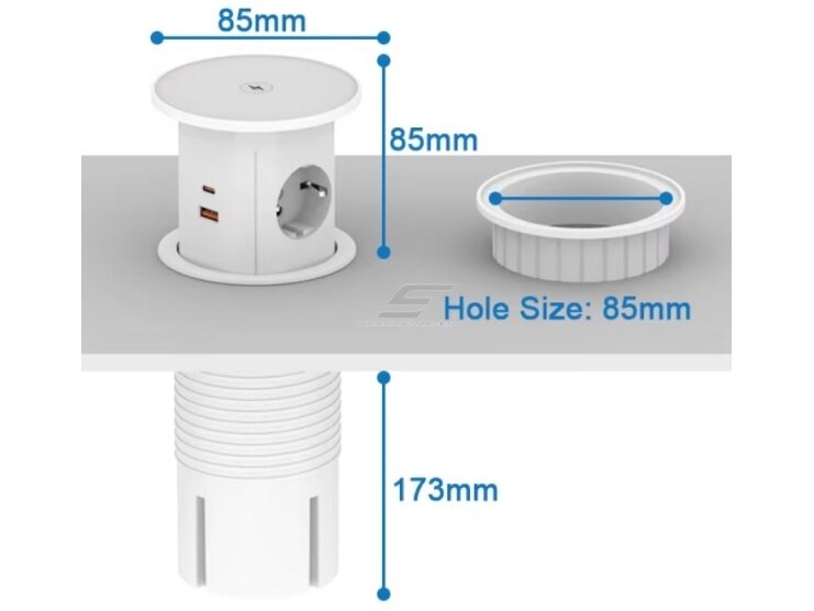 Kištukinių lizdų blokas | montuojamas į baldus | apvalus | 2xSchuko | 2xUSB-A | 2xUSB-C | 1xBelaidė įkrovimo stotelė | Ø85mm | baltas 3 Kištukinių lizdų blokas | montuojamas į baldus | apvalus | 2xSchuko | 2xUSB-A | 2xUSB-C | 1xBelaidė įkrovimo stotelė | Ø85mm | baltas 3