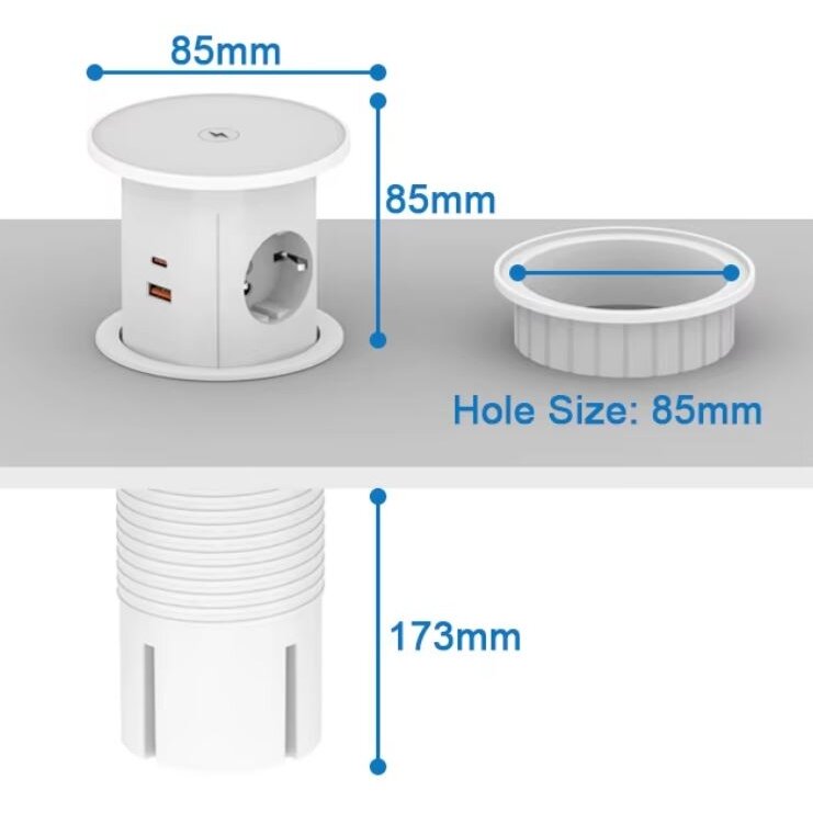 Pop-up Furniture Power Socket | Round | 2xSchuko | 2xUSB-A | 2xUSB-C | 1xWireless Charging Pad | Ø85mm | White 3 Pop-up Furniture Power Socket | Round | 2xSchuko | 2xUSB-A | 2xUSB-C | 1xWireless Charging Pad | Ø85mm | White 3