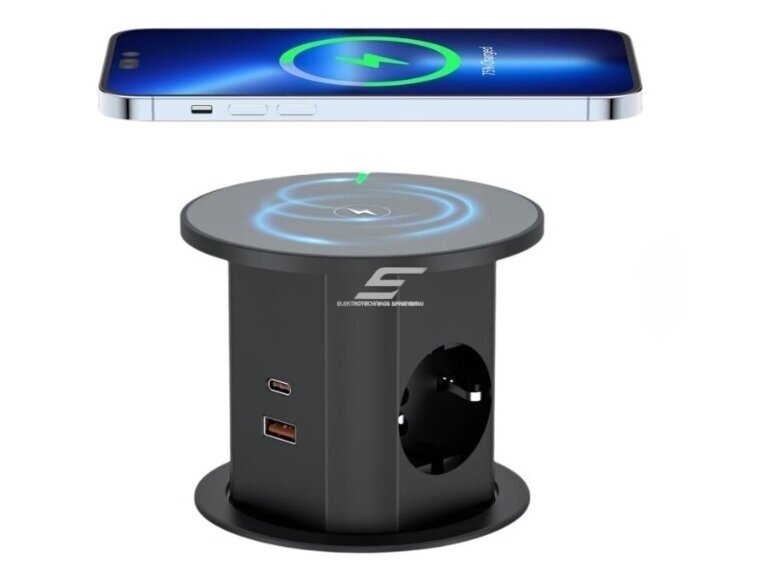 Kištukinių lizdų blokas | montuojamas į baldus | apvalus | 2xSchuko | 2xUSB-A | 2xUSB-C | 1xBelaidė įkrovimo stotelė | Ø85mm | juodas 1