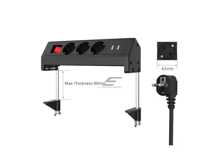 Kištukinių lizdų blokas | tvirtinamas prie stalo | su spaustuvu | 3 lizdai + 2x USB | 230V | 13A | IP44 | 1.8m | juoda 1