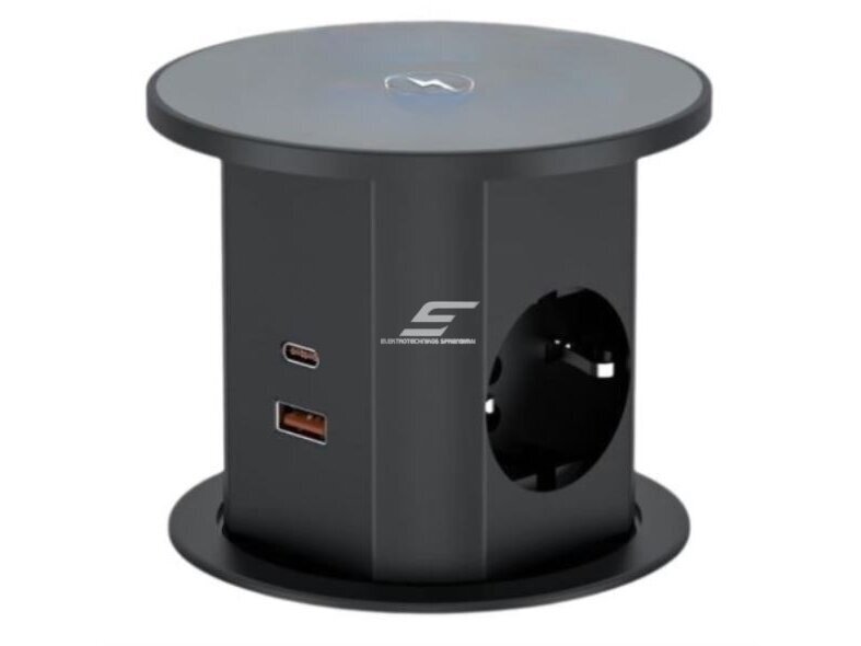 Kištukinių lizdų blokas | montuojamas į baldus | apvalus | 2xSchuko | 2xUSB-A | 2xUSB-C | 1xBelaidė įkrovimo stotelė | Ø85mm | juodas Kištukinių lizdų blokas | montuojamas į baldus | apvalus | 2xSchuko | 2xUSB-A | 2xUSB-C | 1xBelaidė įkrovimo stotelė | Ø85mm | juodas