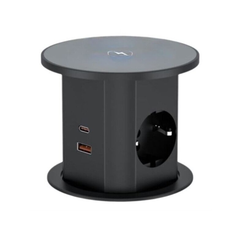 Pop-up Furniture Power Socket | Round | 2xSchuko | 2xUSB-A | 2xUSB-C | 1xWireless Charging Pad | Ø85mm | Black Pop-up Furniture Power Socket | Round | 2xSchuko | 2xUSB-A | 2xUSB-C | 1xWireless Charging Pad | Ø85mm | Black