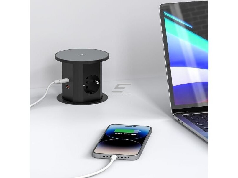Kištukinių lizdų blokas | montuojamas į baldus | apvalus | 2xSchuko | 2xUSB-A | 2xUSB-C | 1xBelaidė įkrovimo stotelė | Ø85mm | juodas 4