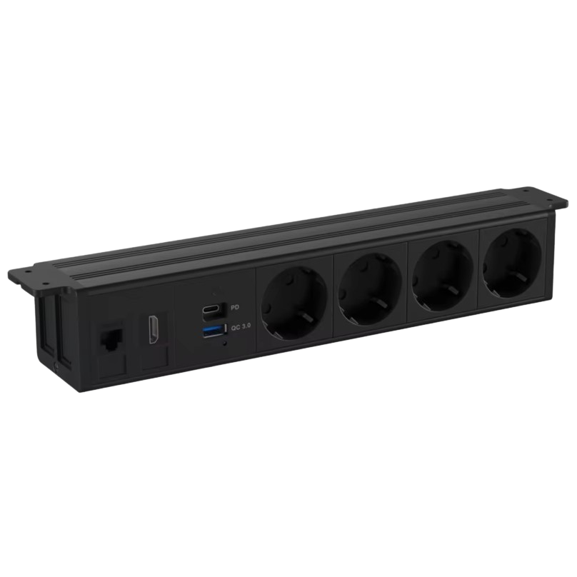 Socket outlet block | under-desk mounting | 4xSchuko | 1xUSB-C | 1xUSB-A | 1xHDMI | 1xRJ45 | 317x53mm | black