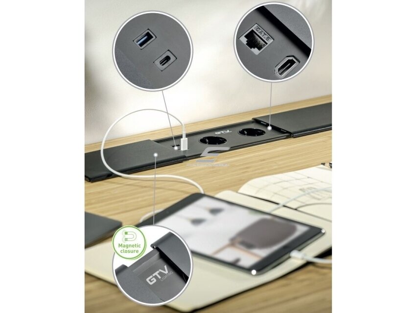 Kištukinių lizdų blokas | montuojamas į baldus | užsidarantis | 2xSchuko | 2xUSB-A+C | 1xHDMI | 1xRJ45 | 310x100x58mm | 1,5m kabelis | sidabrinis | GTV | AE-PB2SPRES-53 | 5902801349829 3