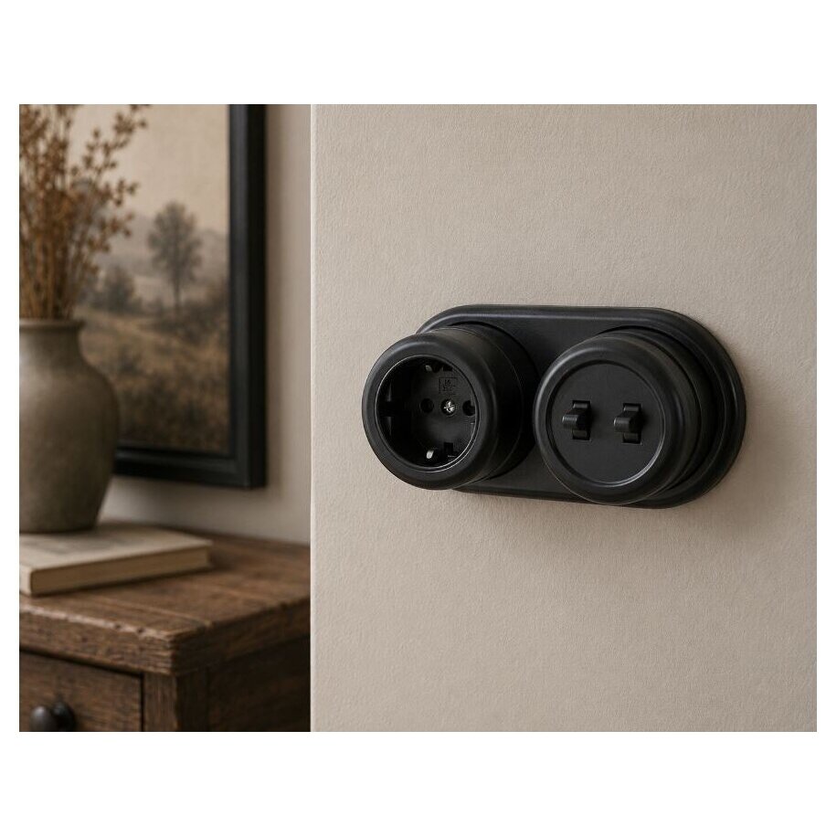 Socket outlet 16A | 230V | 1 gang | surface-mounted | plastic | retro style | black 2 Socket outlet 16A | 230V | 1 gang | surface-mounted | plastic | retro style | black 2