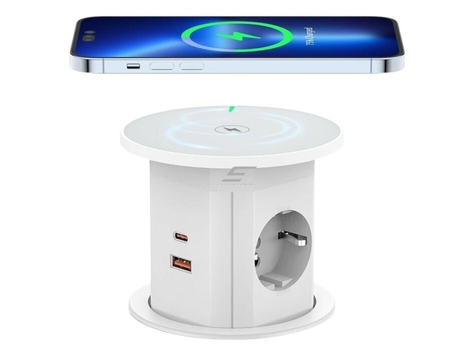 Kištukinių lizdų blokas | montuojamas į baldus | apvalus | 2xSchuko | 2xUSB-A | 2xUSB-C | 1xBelaidė įkrovimo stotelė | Ø85mm | baltas 1