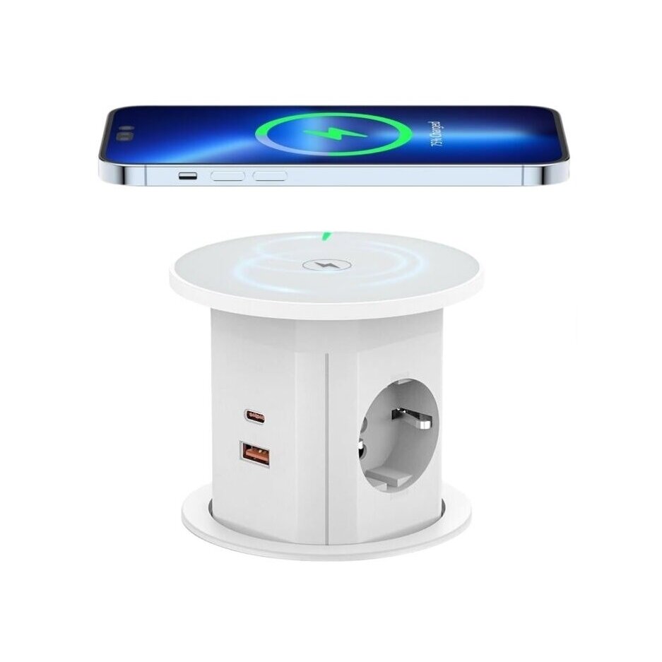 Pop-up Furniture Power Socket | Round | 2xSchuko | 2xUSB-A | 2xUSB-C | 1xWireless Charging Pad | Ø85mm | White 1
