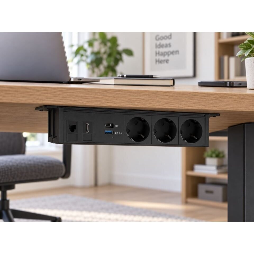Блок розеток | монтаж под столом | 3xSchuko | 1xUSB-C | 1xUSB-A | 1xHDMI | 1xRJ45 | 272x53мм | чёрный 3