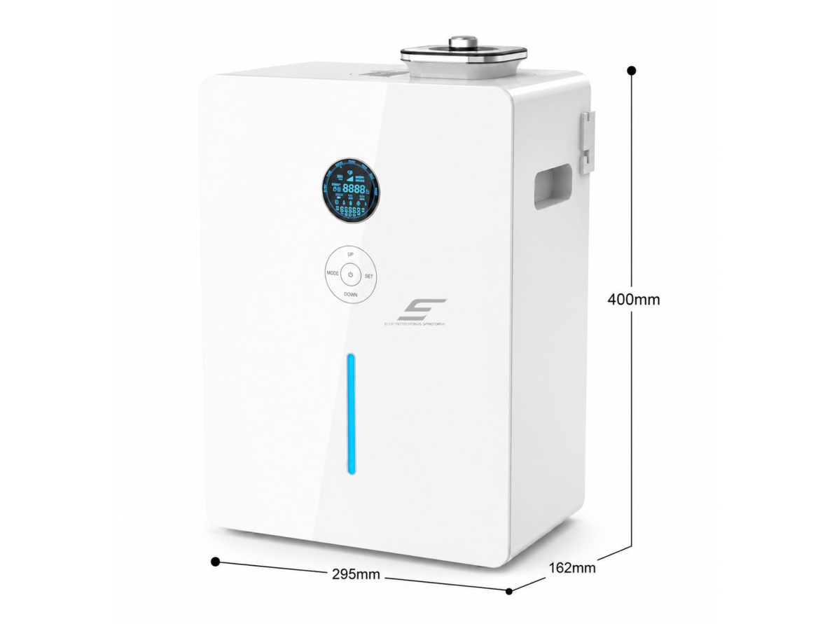 Komercinis aromato difuzorius | 28 W | 1200 ml | iki 5000 m³ | valdymas programėle | HVAC jungtis | pastatomas | 295×162×400 mm | baltas | ES-GAL-5000HFW 2