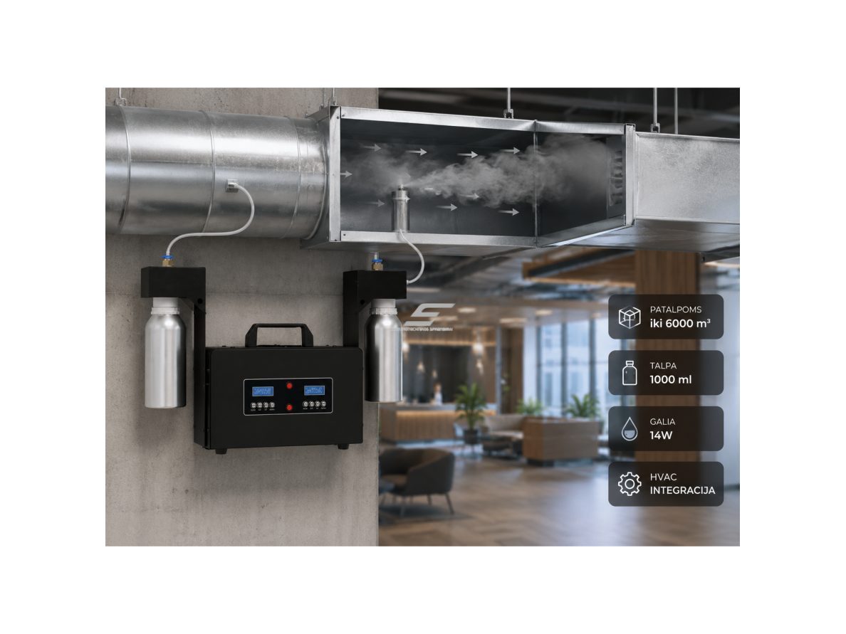 Bevandenis aromato difuzorius | 14 W | 1000 ml | iki 6000 m³ | 12 V DC | valdymas programėle | HVAC jungtis | pastatomas | 495×180×330 mm | juodas | ES-MA-6000 3 Bevandenis aromato difuzorius | 14 W | 1000 ml | iki 6000 m³ | 12 V DC | valdymas programėle | HVAC jungtis | pastatomas | 495×180×330 mm | juodas | ES-MA-6000 3