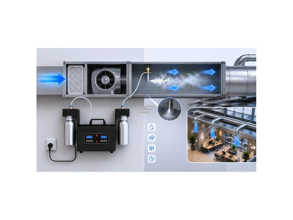 Bevandenis aromato difuzorius | 14 W | 1000 ml | iki 6000 m³ | 12 V DC | valdymas programėle | HVAC jungtis | pastatomas | 495×180×330 mm | juodas | ES-MA-6000 4