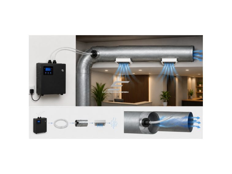 Komercinis aromato difuzorius | 28 W | 1200 ml | iki 5000 m³ | valdymas programėle | HVAC jungtis | pastatomas | 295×162×400 mm | juodas | ES-GAL-5000HFB 4
