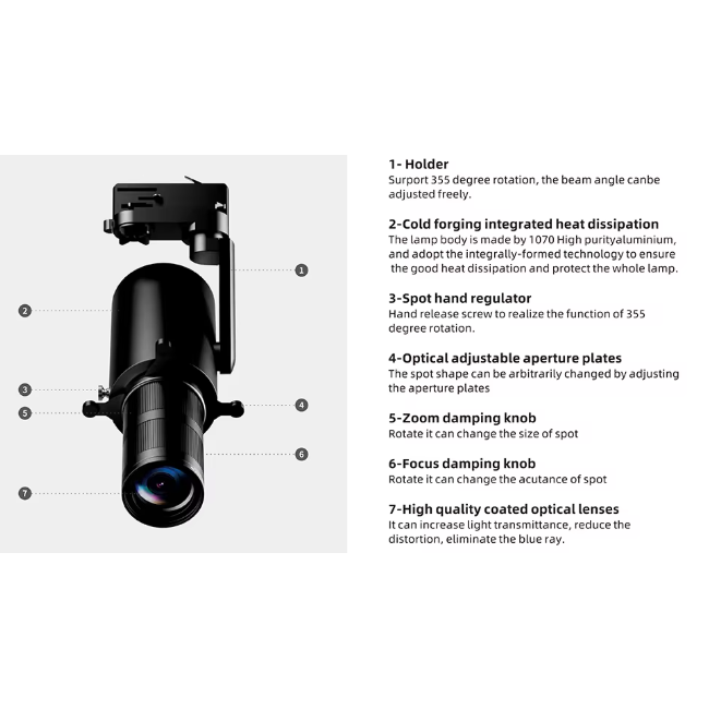 Reflektor LED do systemu szynowego z regulowanym fokusem | 10W | 1800 lm | 15–60° | CRI≥95 | ściemnialny | czarny 2 Reflektor LED do systemu szynowego z regulowanym fokusem | 10W | 1800 lm | 15–60° | CRI≥95 | ściemnialny | czarny 2