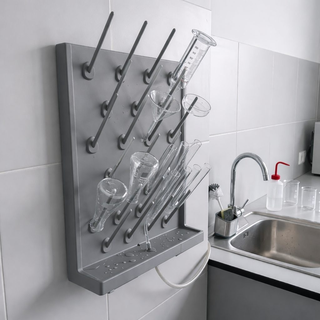 Panel do suszenia sprzętu laboratoryjnego | uchwyt pegboard z PP | odporny na chemikalia | 52 × 12 cm | szary 1 Panel do suszenia sprzętu laboratoryjnego | uchwyt pegboard z PP | odporny na chemikalia | 52 × 12 cm | szary 1