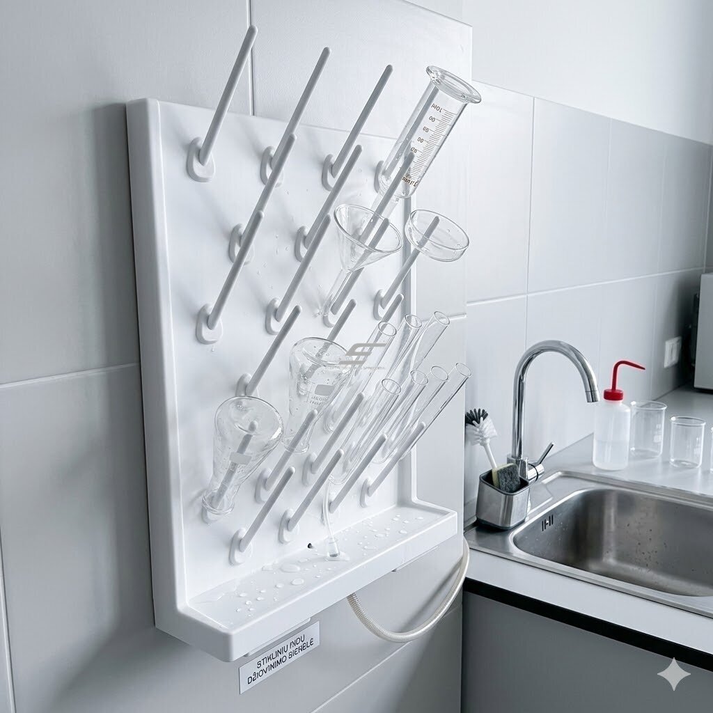 Ścianka do suszenia sprzętu laboratoryjnego | uchwyt pegboard PP | odporny na chemikalia | 52×12 cm | biały 1 Ścianka do suszenia sprzętu laboratoryjnego | uchwyt pegboard PP | odporny na chemikalia | 52×12 cm | biały 1