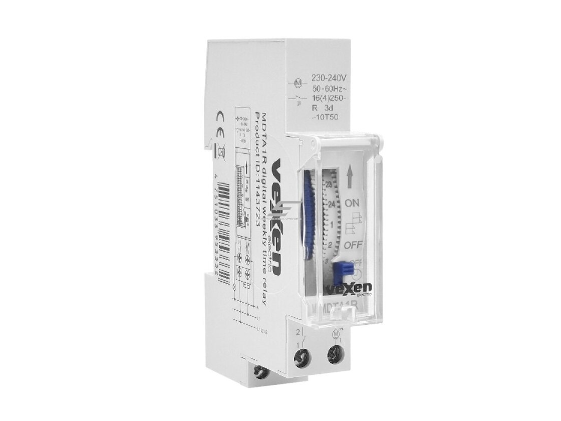 Modulinis | mechaninis dienos laikmatis | 16A | 230VAC | 15min su 72val atsarga | DIN | IP20 | VEXEN | MDTA1R
