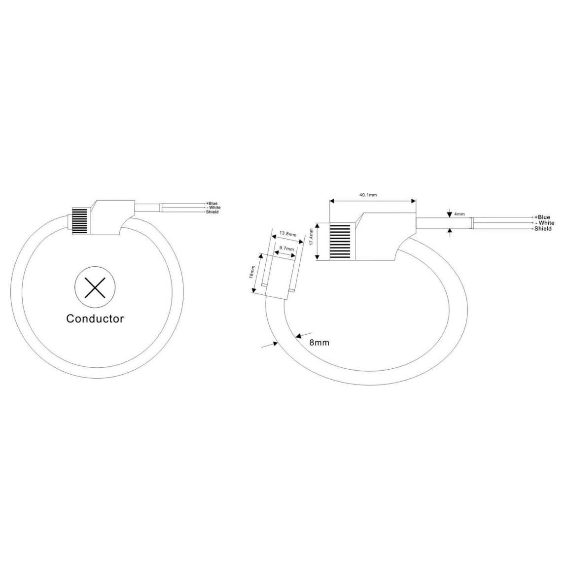 Flexible current measuring coil | Rogowski ring | 1000A | D100mm | L-375mm | 2m cable | IP68 2
