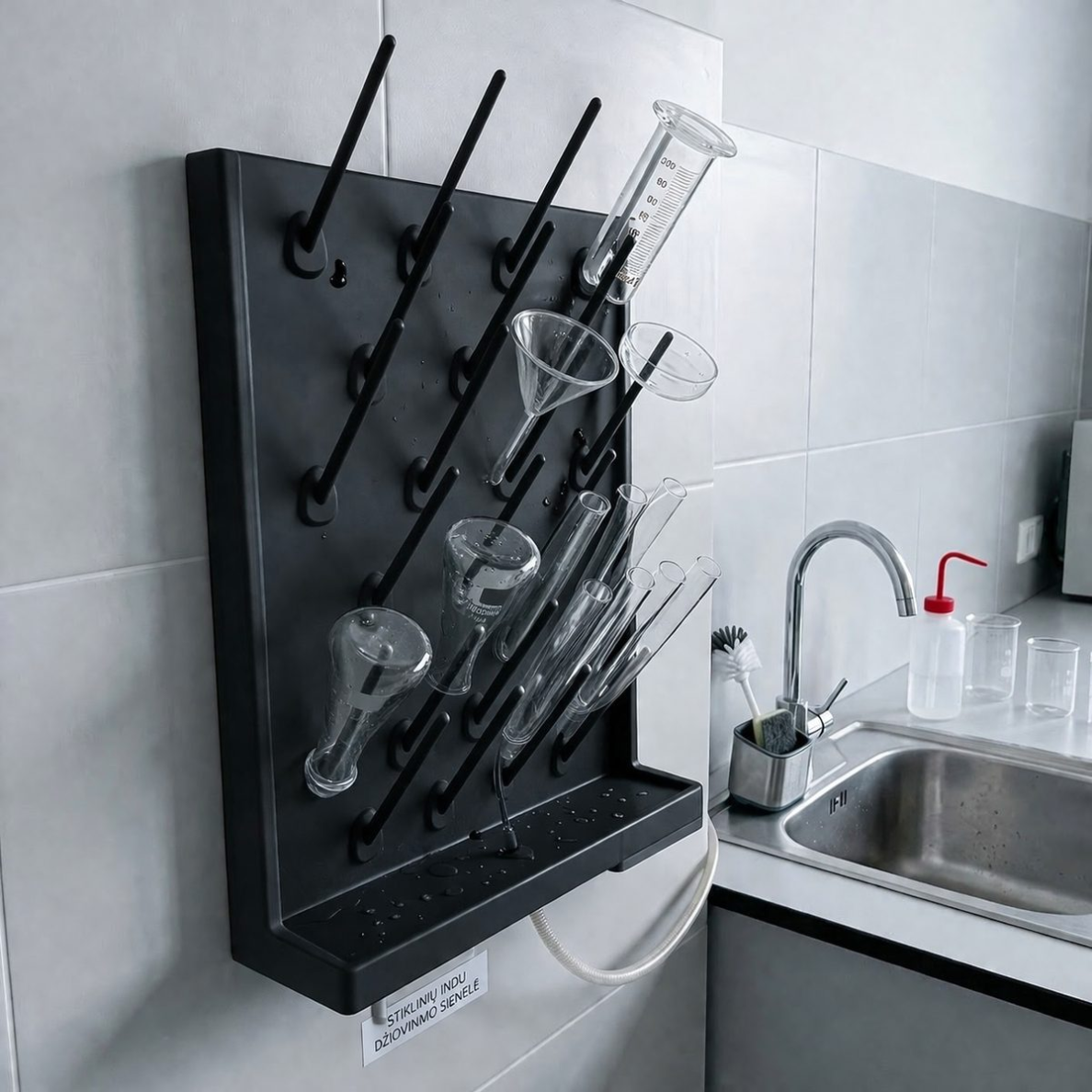 Laboratory equipment drying wall panel | PP pegboard holder | chemical resistant | 52x12 cm | black 1 Laboratory equipment drying wall panel | PP pegboard holder | chemical resistant | 52x12 cm | black 1