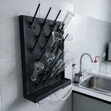 Laboratory equipment drying wall panel | PP pegboard holder | chemical resistant | 52x12 cm | black Laboratory equipment drying wall panel | PP pegboard holder | chemical resistant | 52x12 cm | black