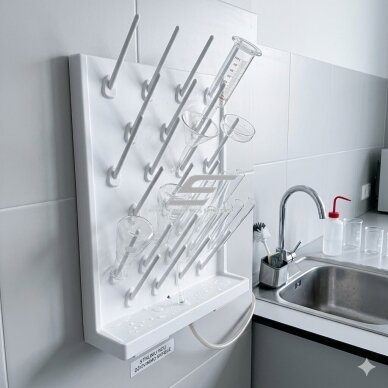 Ścianka do suszenia sprzętu laboratoryjnego | uchwyt pegboard PP | odporny na chemikalia | 52×12 cm | biały 1