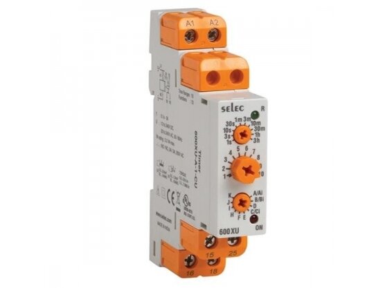 Modulinė | multifunkcinė laiko relė | laikmatis | mechaninė |  20-240VAC/12-240VDC | 1C/O | DIN | Selec | 600XU-A-1-CU